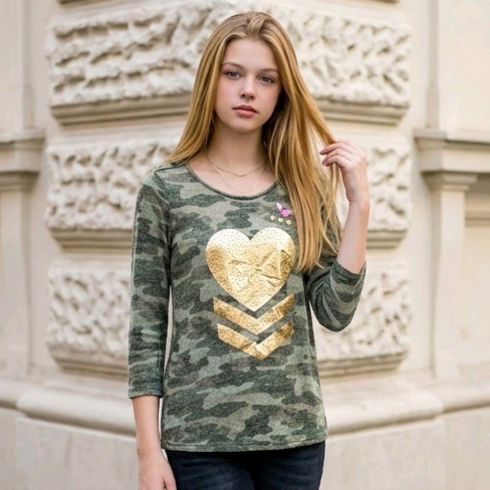 Justice Camo Sweater Girls 18 Rhinestone Military Graphic Pullover Army Green